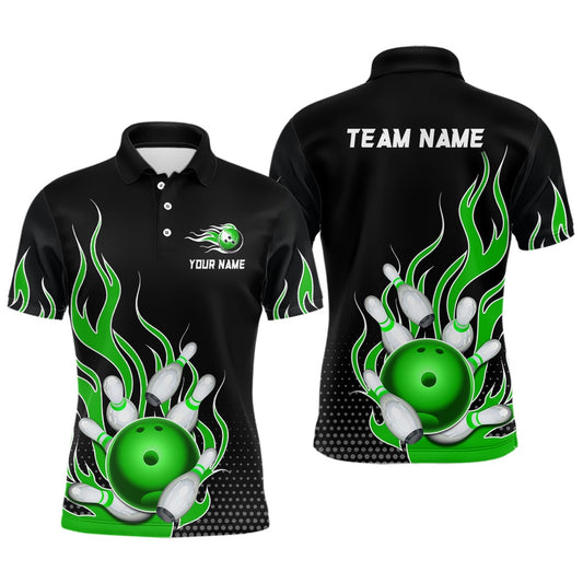 Custom Bowling Polo Shirts, Green Flame Bowling Polo Shirts For Men And Women Custom Bowling Team Jerseys Unisex