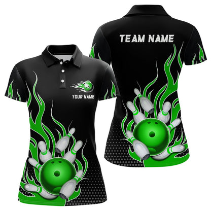 Custom Bowling Polo Shirts, Green Flame Bowling Polo Shirts For Men And Women Custom Bowling Team Jerseys Unisex