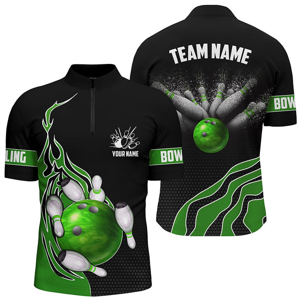 Custom Bowling Polo Shirts, Green Flame Bowling Polo Shirts For Men Bowling Ball, Custom Bowling Team Jerseys Bowler Outfits
