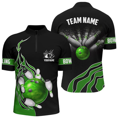 Custom Bowling Polo Shirts, Green Flame Bowling Polo Shirts For Men Bowling Ball, Custom Bowling Team Jerseys Bowler Outfits