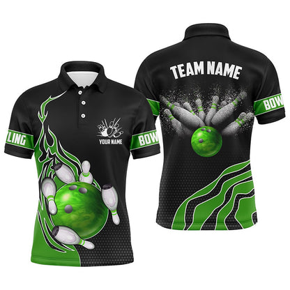 Custom Bowling Polo Shirts, Green Flame Bowling Polo Shirts For Men Bowling Ball, Custom Bowling Team Jerseys Bowler Outfits