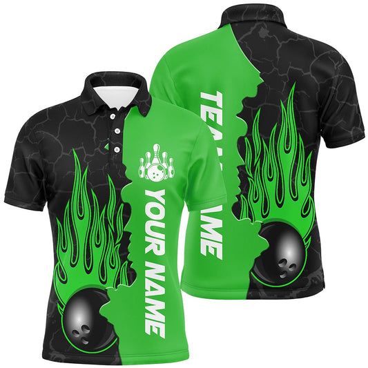 Custom Bowling Polo Shirts, Green Flame Bowling Polo Shirts Men & Women Custom Bowling Team League Jerseys