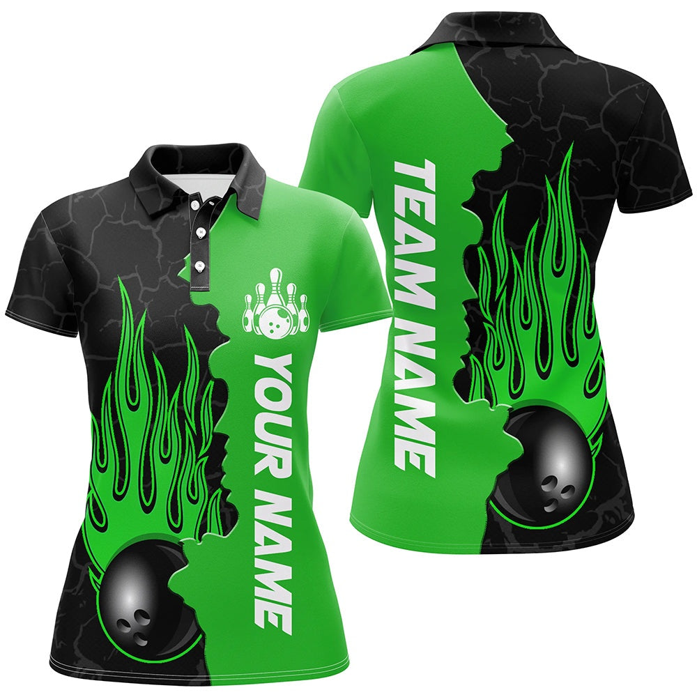 Custom Bowling Polo Shirts, Green Flame Bowling Polo Shirts Men & Women Custom Bowling Team League Jerseys