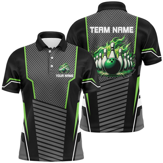 Custom Bowling Polo Shirts, Green Flame Bowling Polo, Zip Shirt For Men Custom Black Bowling Team Jerseys Gift For Bowlers