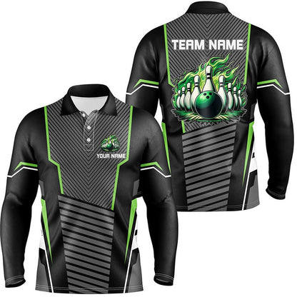 Custom Bowling Polo Shirts, Green Flame Bowling Polo, Zip Shirt For Men Custom Black Bowling Team Jerseys Gift For Bowlers