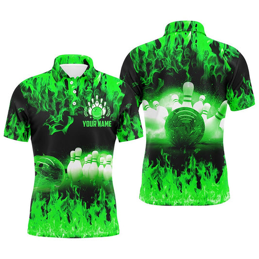 Custom Bowling Polo Shirts, Green Flame Mens Polo Bowling Shirts, Personalized Men'S Bowling Jerseys, Bowling Team Jerseys