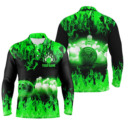 Custom Bowling Polo Shirts, Green Flame Mens Polo Bowling Shirts, Personalized Men'S Bowling Jerseys, Bowling Team Jerseys