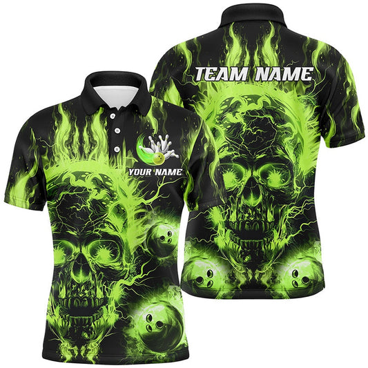 Custom Bowling Polo Shirts, Green Flame Skull Bowling Ball Mens Bowling Shirts Custom Bowling Jerseys, Bowl Gifts