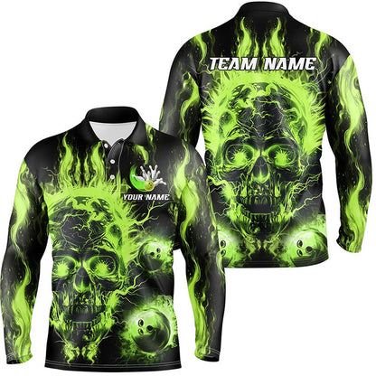 Custom Bowling Polo Shirts, Green Flame Skull Bowling Ball Mens Bowling Shirts Custom Bowling Jerseys, Bowl Gifts