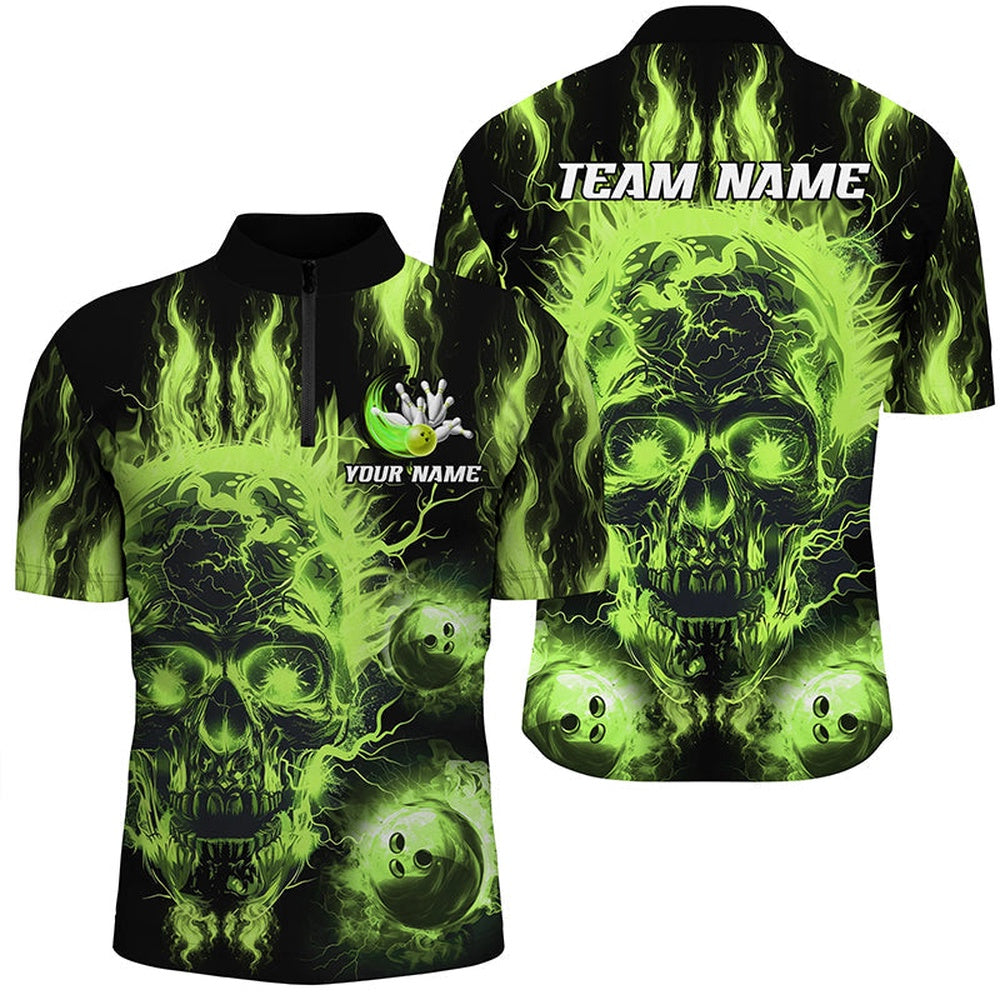 Custom Bowling Polo Shirts, Green Flame Skull Bowling Ball Mens Bowling Shirts Custom Bowling Jerseys, Bowl Gifts