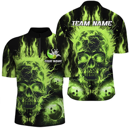 Custom Bowling Polo Shirts, Green Flame Skull Bowling Ball Mens Bowling Shirts Custom Bowling Jerseys, Bowl Gifts