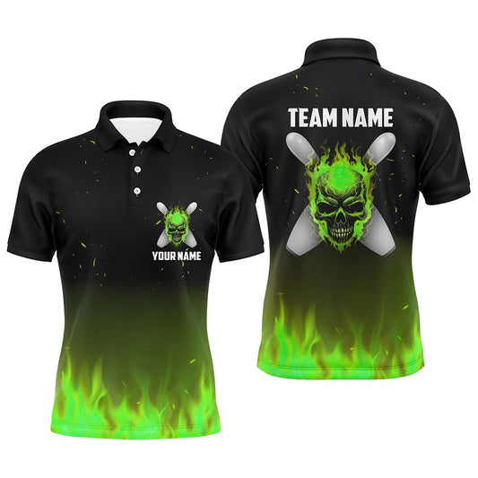 Custom Bowling Polo Shirts, Green Flame Skull Bowling Polo Shirts Men Personalized Team Bowling Jerseys Halloween Outfits
