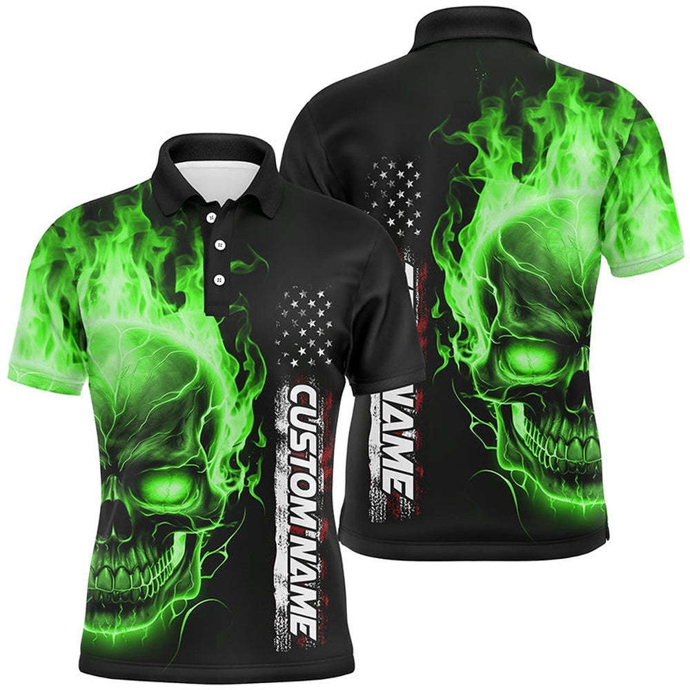 Custom Bowling Polo Shirts, Green Flame Skull Custom Bowling Polo Shirts For Men And Women, American Bowling Team Jerseys