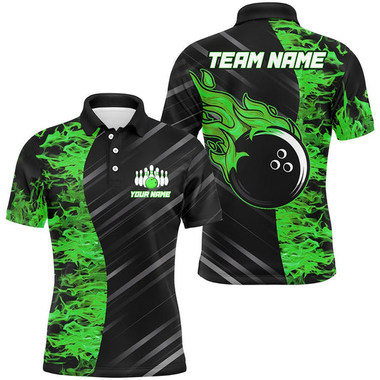 Custom Bowling Polo Shirts, Green Flames Bowling Jersey Men Women Custom Bowling Polo Shirt For Team