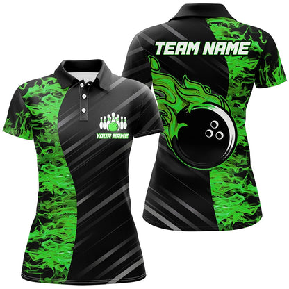 Custom Bowling Polo Shirts, Green Flames Bowling Jersey Men Women Custom Bowling Polo Shirt For Team