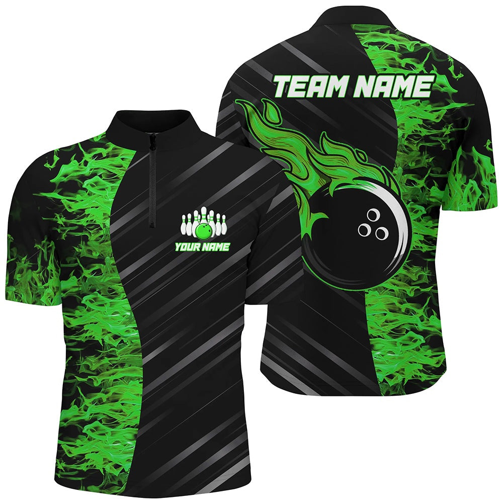 Custom Bowling Polo Shirts, Green Flames Bowling Jersey Men Women Custom Bowling Shirt For Team