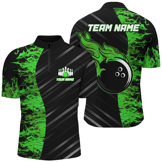 Custom Bowling Polo Shirts, Green Flames Bowling Jersey Men Women Custom Bowling Shirt For Team