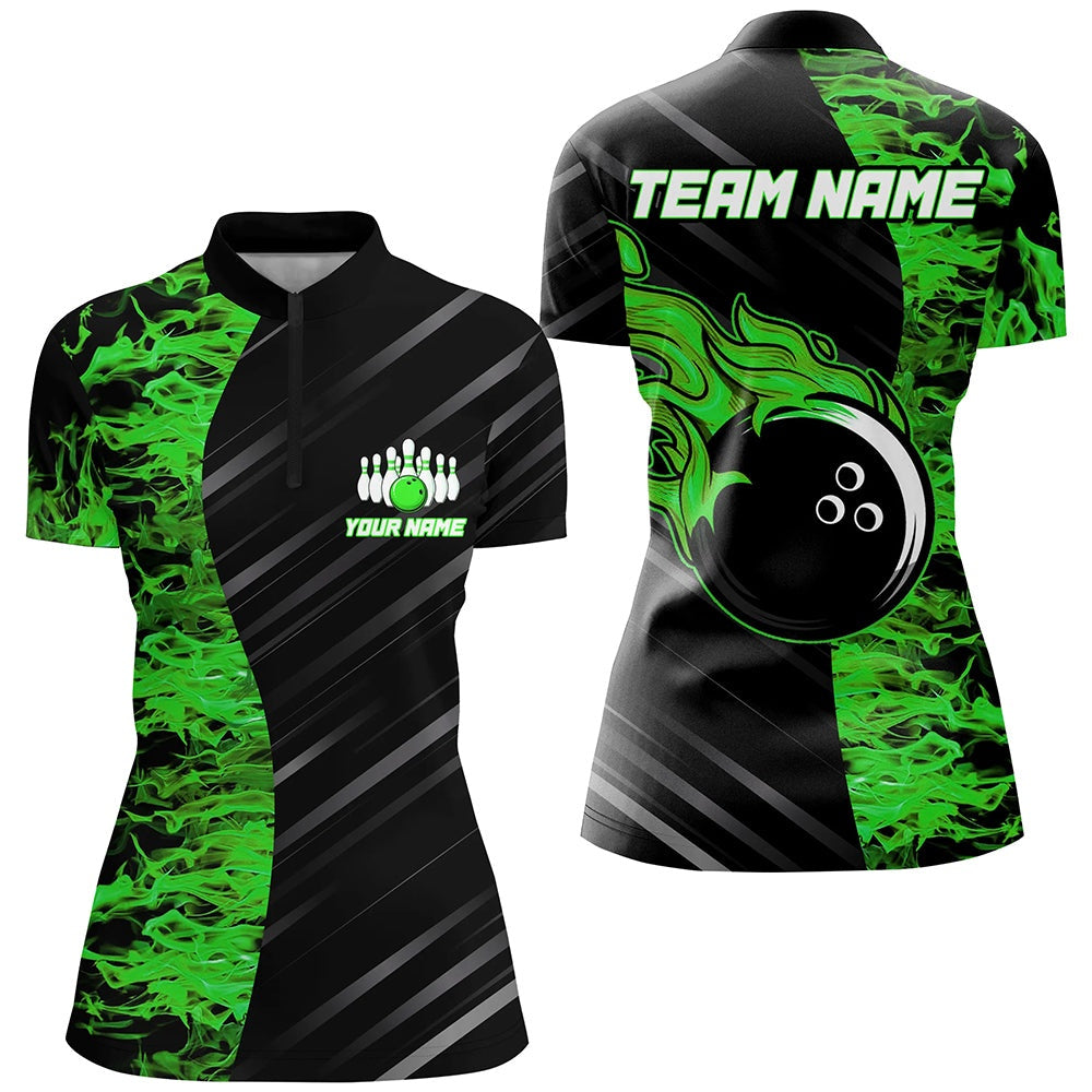 Custom Bowling Polo Shirts, Green Flames Bowling Jersey Men Women Custom Bowling Shirt For Team
