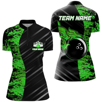 Custom Bowling Polo Shirts, Green Flames Bowling Jersey Men Women Custom Bowling Shirt For Team