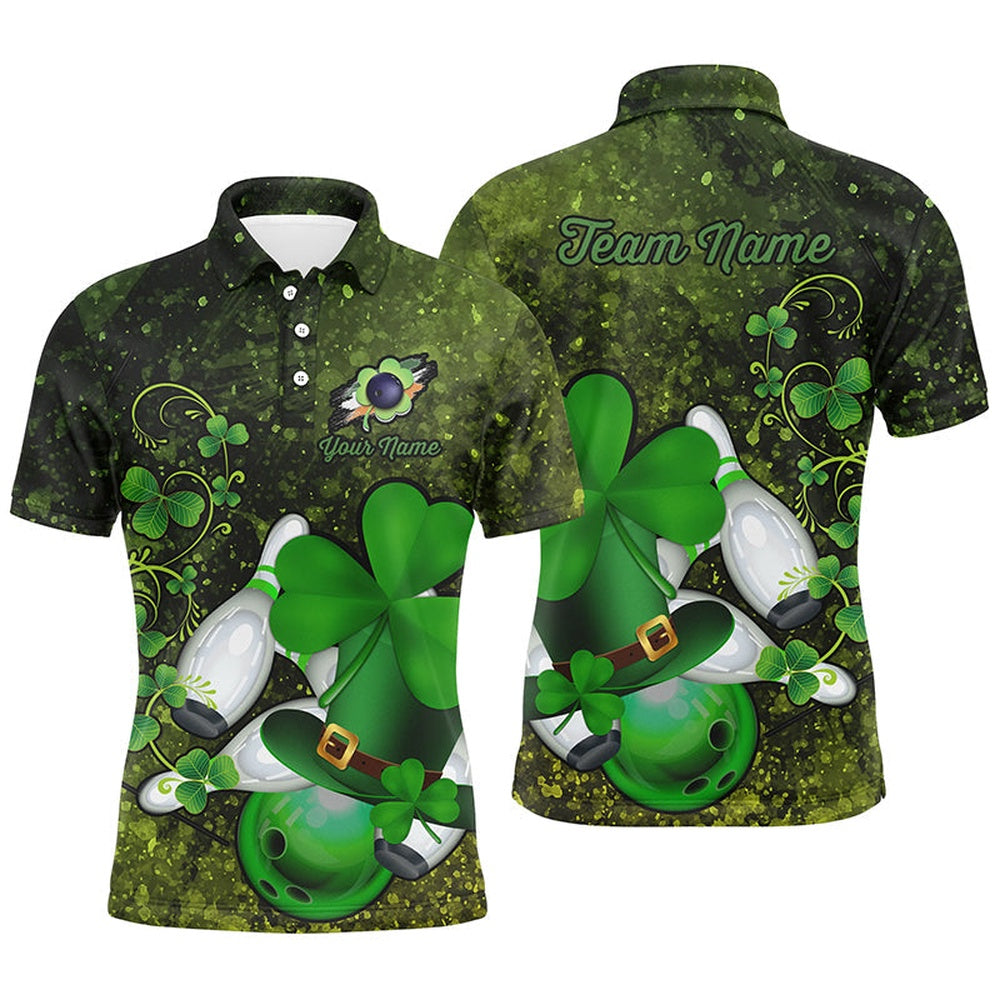 Custom Bowling Polo Shirts, Green Grunge Shamrock Mens Polo Bowling Shirts Custom St Patrick Day Team League Bowling Jerseys