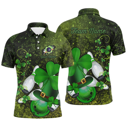 Custom Bowling Polo Shirts, Green Grunge Shamrock Mens Polo Bowling Shirts Custom St Patrick Day Team League Bowling Jerseys