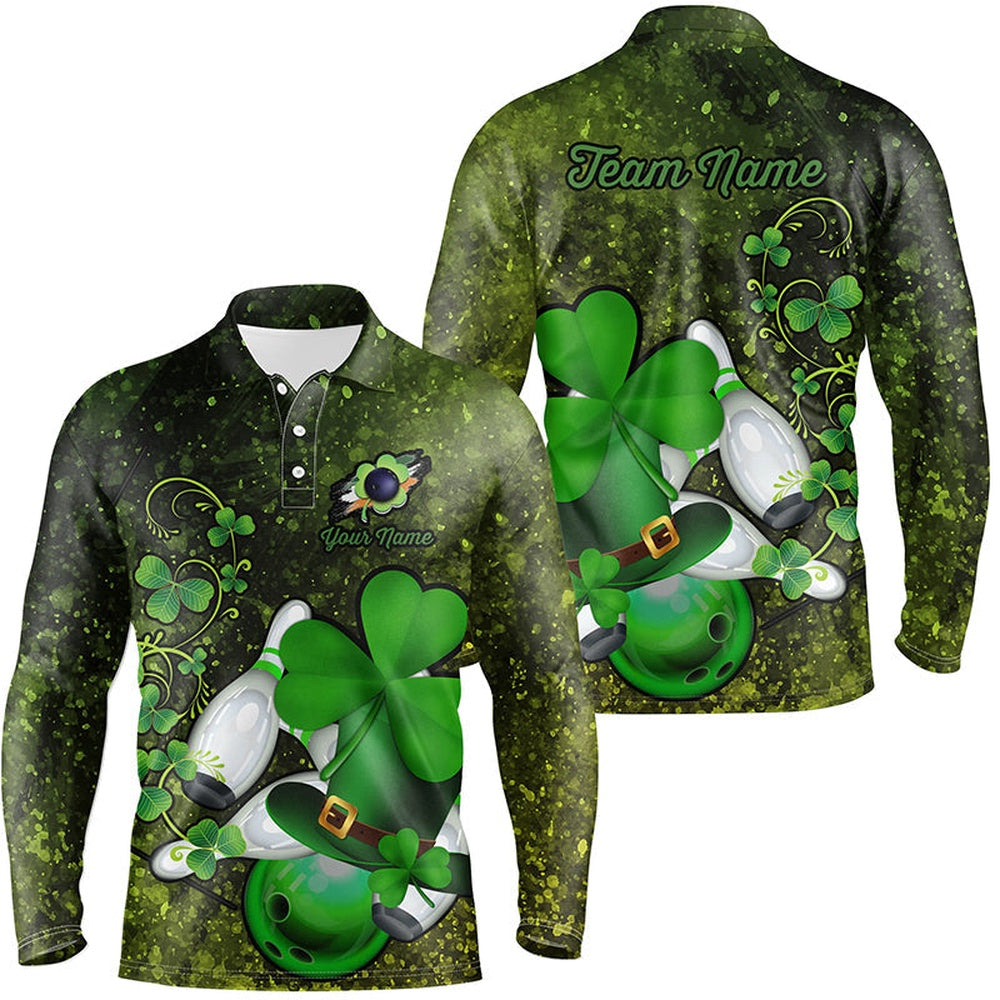 Custom Bowling Polo Shirts, Green Grunge Shamrock Mens Polo Bowling Shirts Custom St Patrick Day Team League Bowling Jerseys