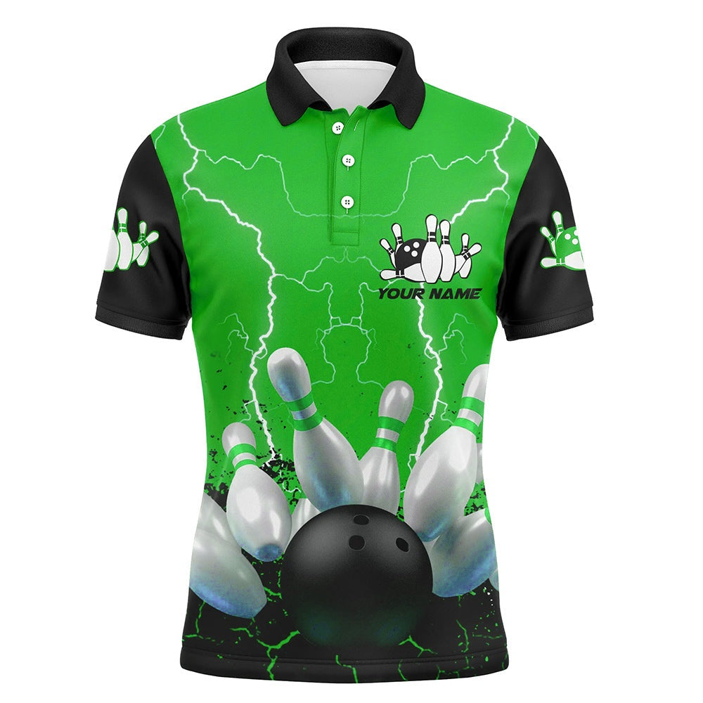 Custom Bowling Polo Shirts, Green Lightning Mens Polo Bowling Shirts, Personalized Men'S Bowling Jerseys, Bowling Team Jerseys