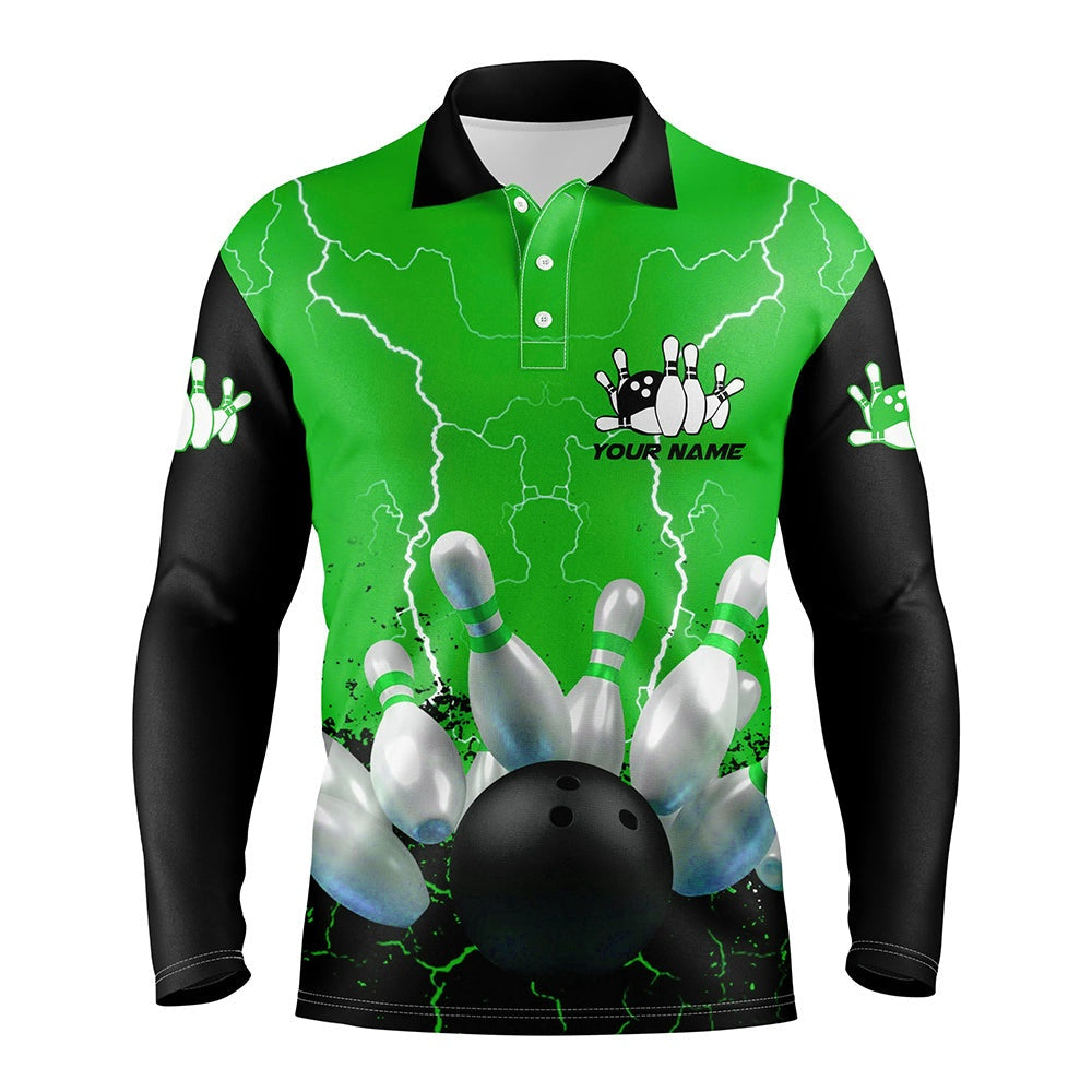 Custom Bowling Polo Shirts, Green Lightning Mens Polo Bowling Shirts, Personalized Men'S Bowling Jerseys, Bowling Team Jerseys