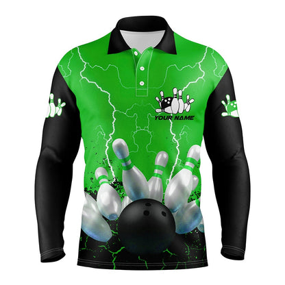 Custom Bowling Polo Shirts, Green Lightning Mens Polo Bowling Shirts, Personalized Men'S Bowling Jerseys, Bowling Team Jerseys