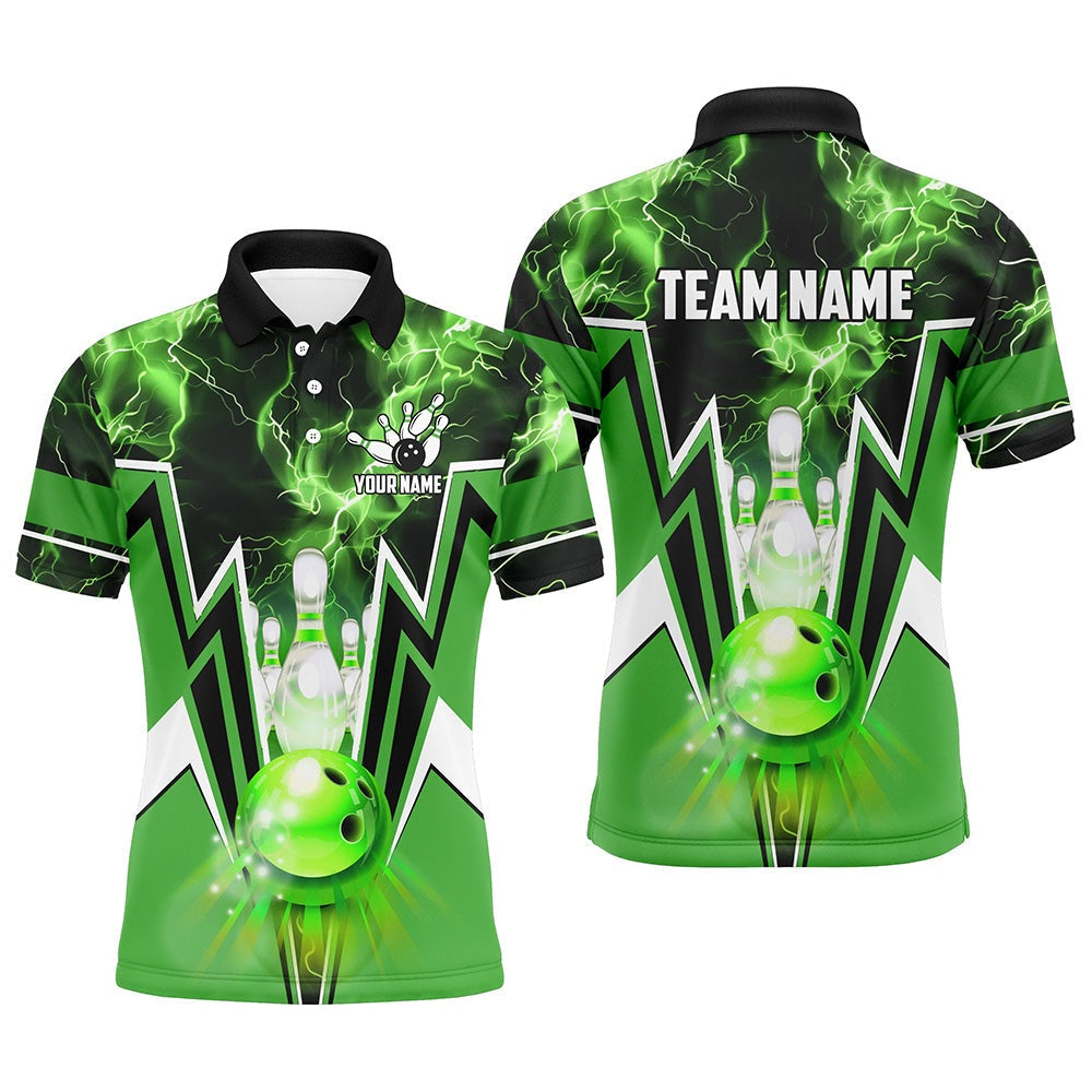 Custom Bowling Polo Shirts, Green Lightning Thunder Bowling Polo, Zip Shirt For Men Custom Bowling Team Jerseys For Bowlers