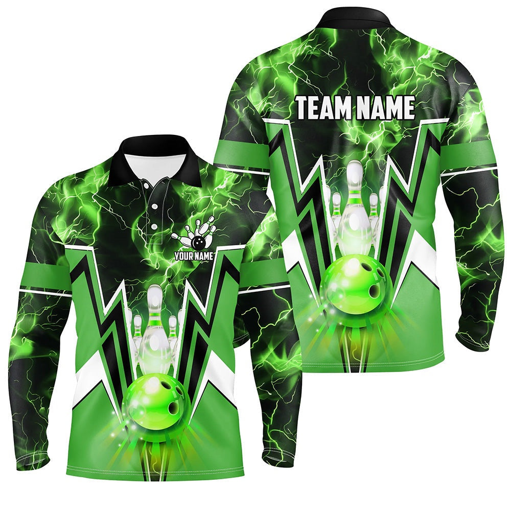 Custom Bowling Polo Shirts, Green Lightning Thunder Bowling Polo, Zip Shirt For Men Custom Bowling Team Jerseys For Bowlers