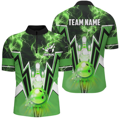 Custom Bowling Polo Shirts, Green Lightning Thunder Bowling Polo, Zip Shirt For Men Custom Bowling Team Jerseys For Bowlers
