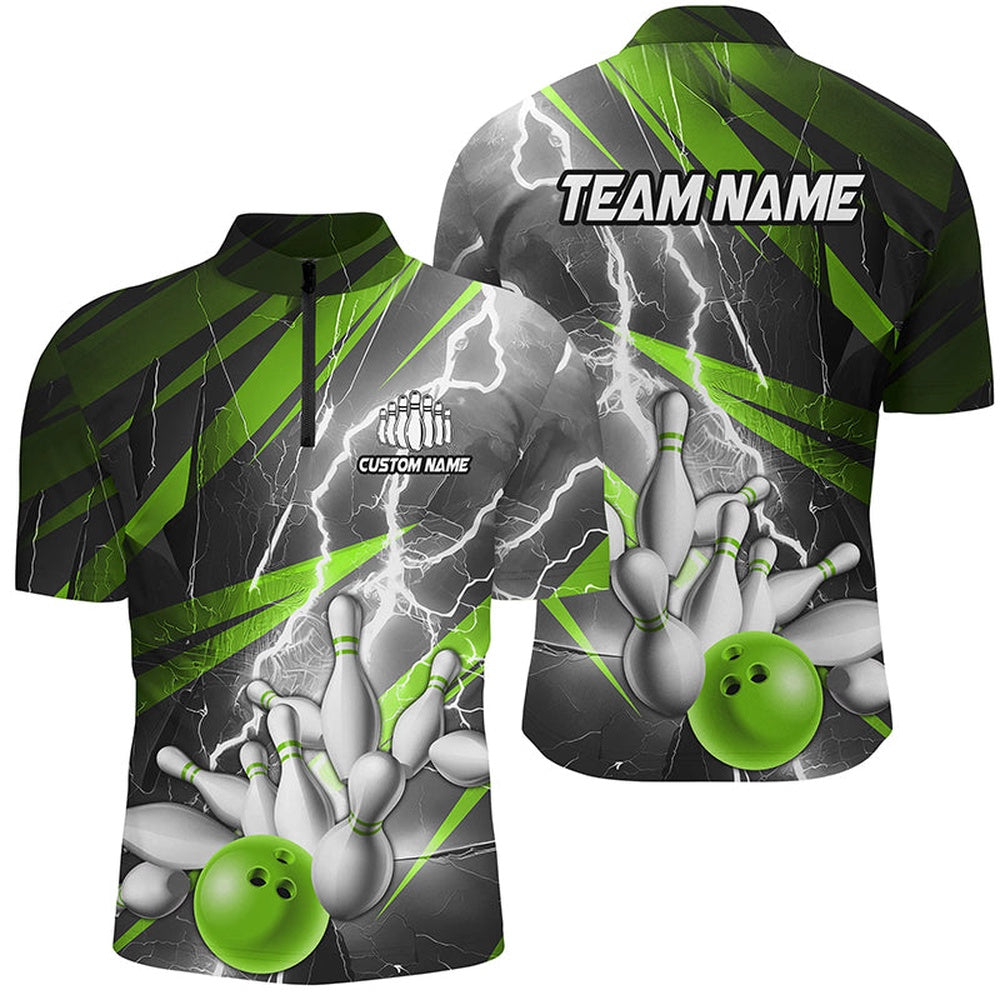 Custom Bowling Polo Shirts, Green Lightning Thunder Custom Bowling Team Jersey,Team Bowling Shirts For Men And Women