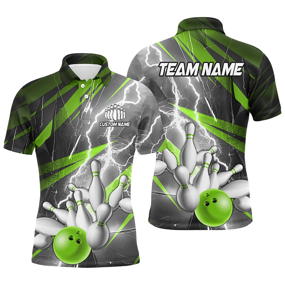 Custom Bowling Polo Shirts, Green Lightning Thunder Custom Bowling Team Jersey,Team Bowling Shirts For Men And Women