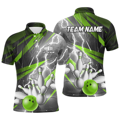 Custom Bowling Polo Shirts, Green Lightning Thunder Custom Bowling Team Jersey,Team Bowling Shirts For Men And Women