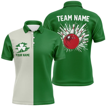 Custom Bowling Polo Shirts, Green Lucky Clover Retro Mens Bowling Polo Shirts Custom St Patrick Day Team Bowling Jerseys