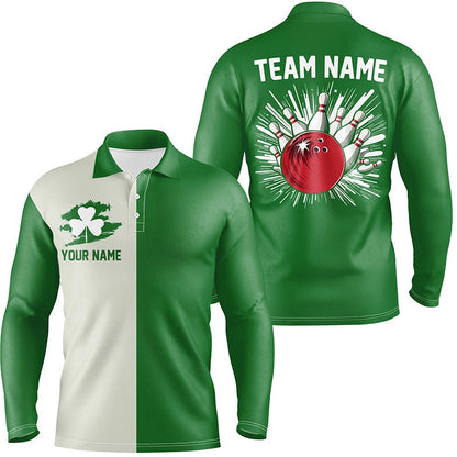 Custom Bowling Polo Shirts, Green Lucky Clover Retro Mens Bowling Polo Shirts Custom St Patrick Day Team Bowling Jerseys