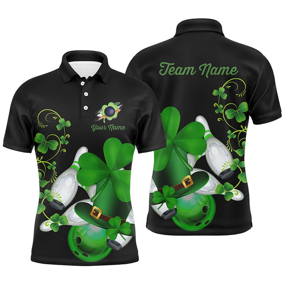 Custom Bowling Polo Shirts, Green Shamrock Mens Polo Bowling Shirts Custom St Patrick Day Black Team League Bowling Jerseys