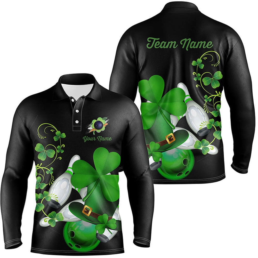 Custom Bowling Polo Shirts, Green Shamrock Mens Polo Bowling Shirts Custom St Patrick Day Black Team League Bowling Jerseys