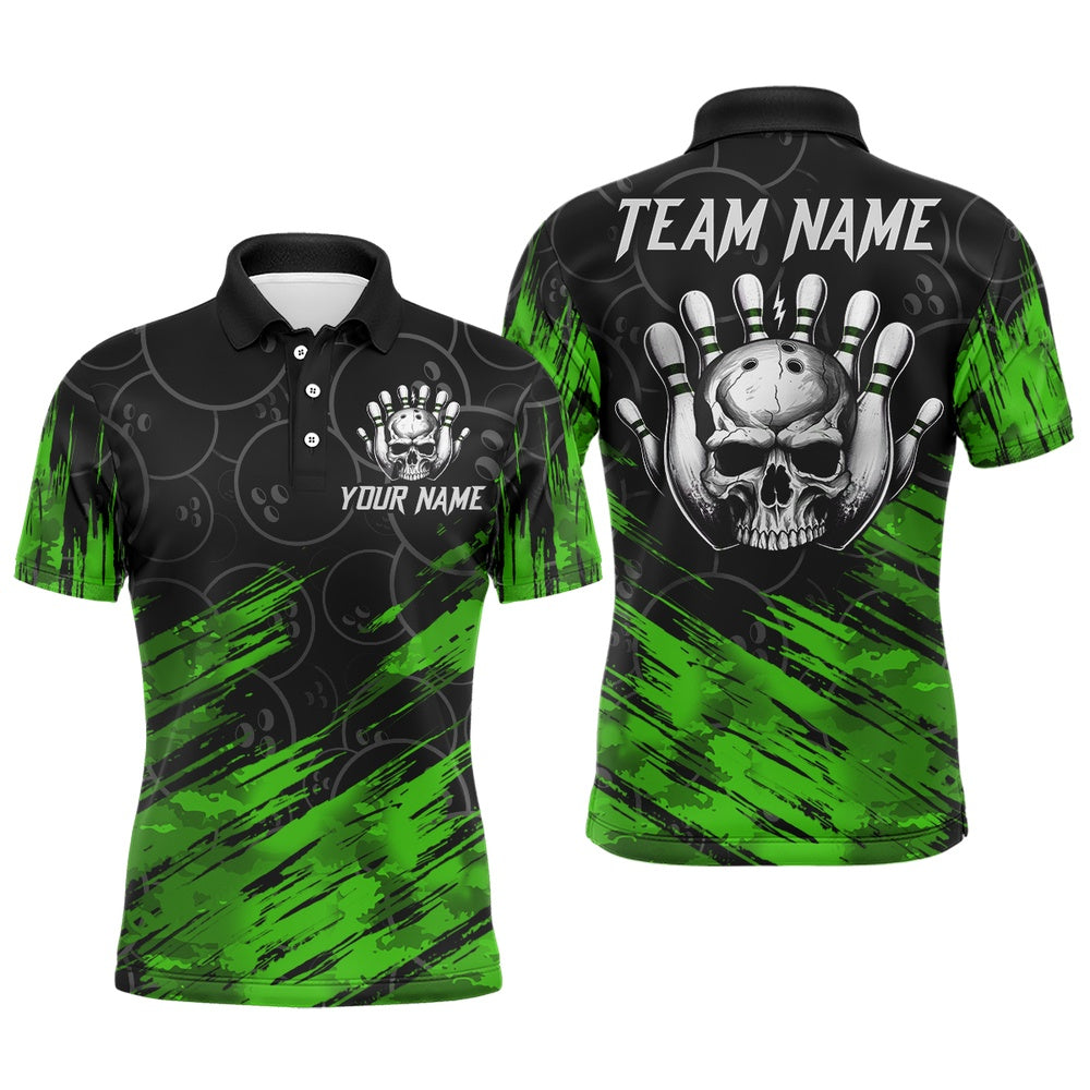 Custom Bowling Polo Shirts, Green Skull Bowling Polo Shirt For Men & Women Custom Funny Bowling Team Jersey