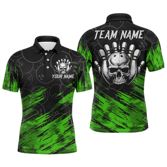 Custom Bowling Polo Shirts, Green Skull Bowling Polo Shirt For Men & Women Custom Funny Bowling Team Jersey
