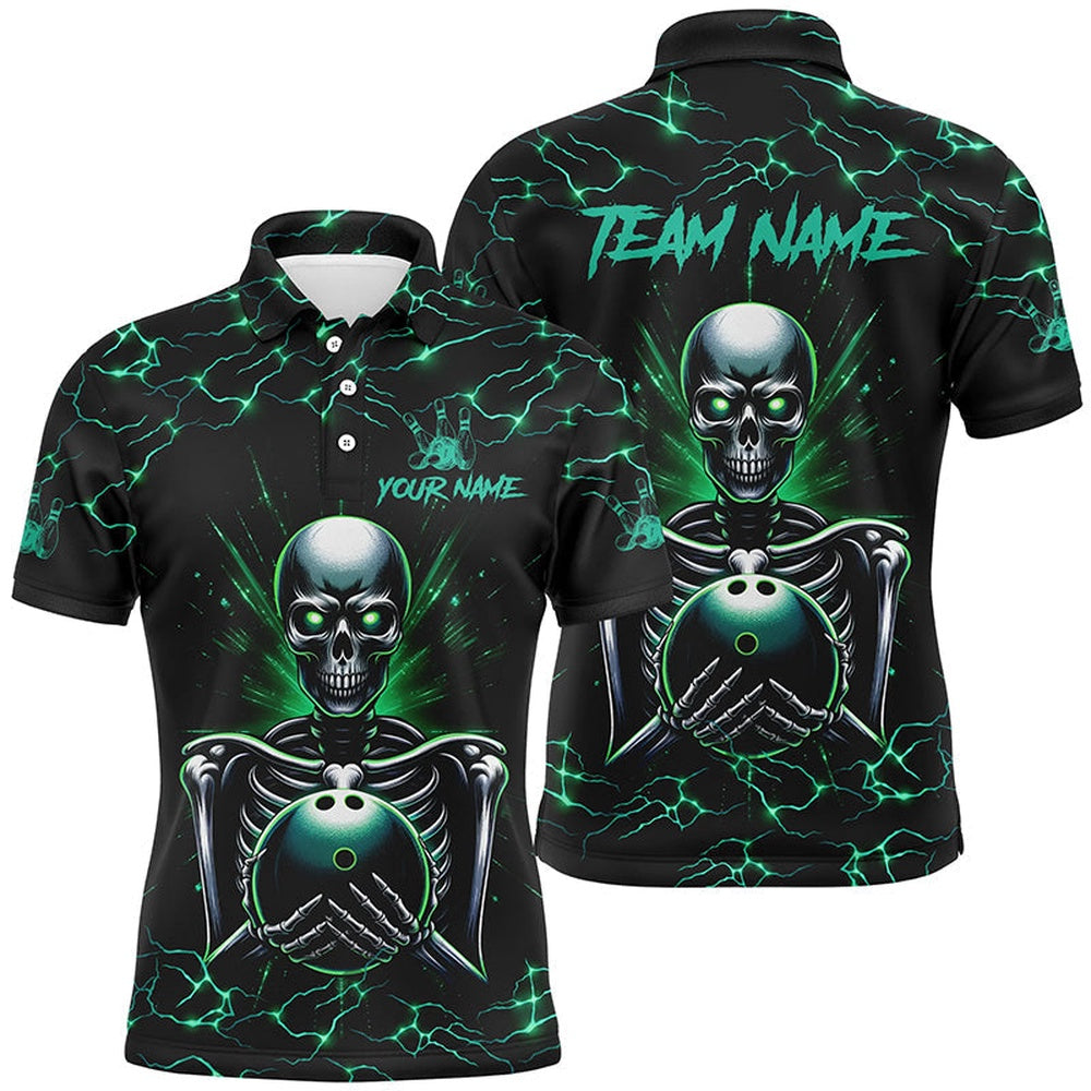 Custom Bowling Polo Shirts, Green Skull Lightning Bowling Polo Shirt For Men Custom Team Bowling Jerseys For Men, Gift For Bowlers