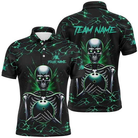 Custom Bowling Polo Shirts, Green Skull Lightning Bowling Polo Shirt For Men Custom Team Bowling Jerseys For Men, Gift For Bowlers