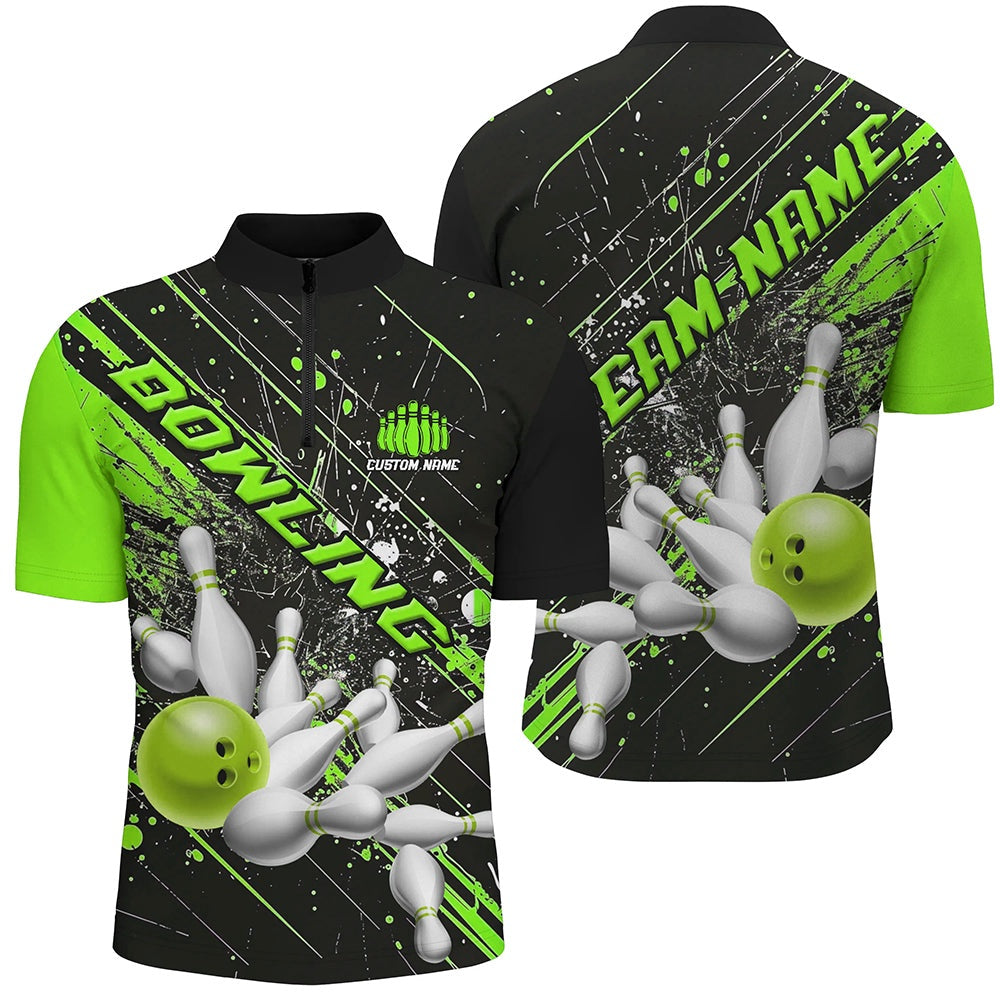 Custom Bowling Polo Shirts, Green Strike Bowling Custom Team Shirts For Men And Women, Bowling League Outfits For Bowlers