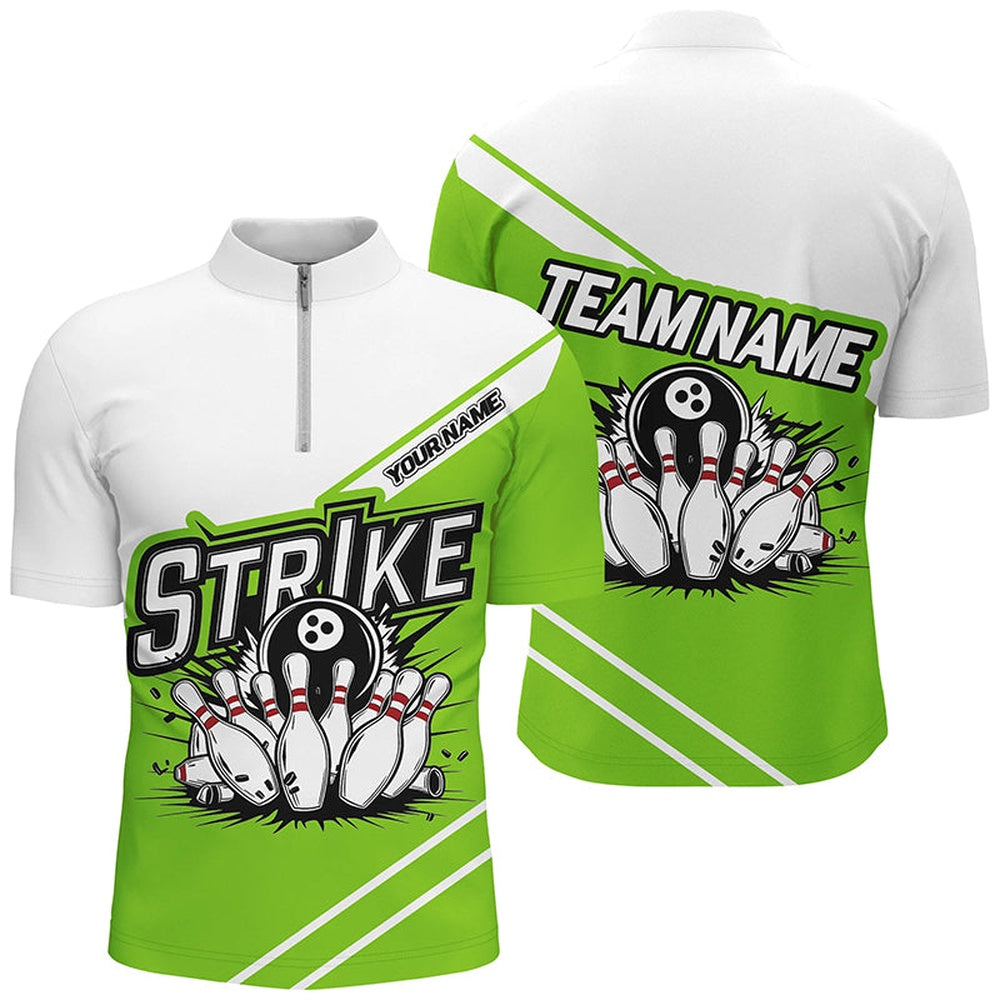 Custom Bowling Polo Shirts, Green Strike Bowling Shirts For Men And Women, Custom Team Name Bowling Jerseys Bowlers Outfits