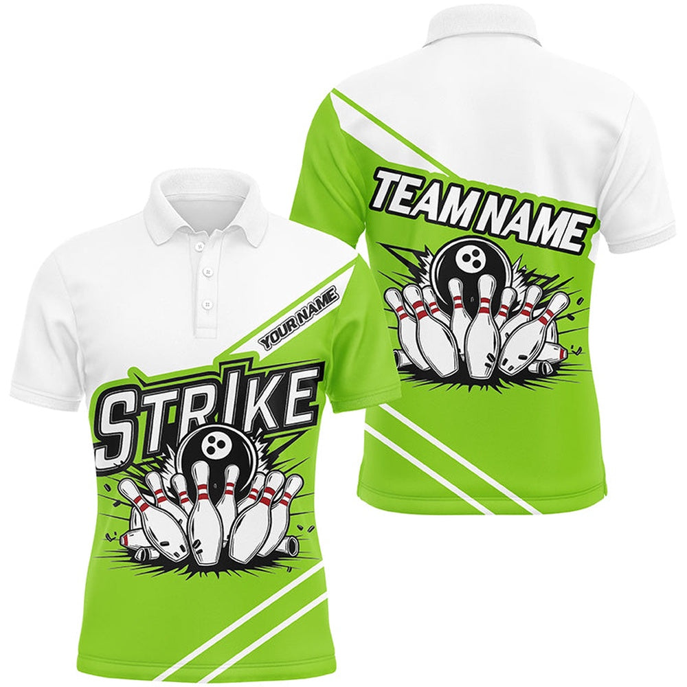Custom Bowling Polo Shirts, Green Strike Bowling Shirts For Men And Women, Custom Team Name Bowling Jerseys Bowlers Outfits