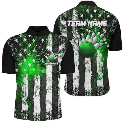 Custom Bowling Polo Shirts, Green Thunder Lightning American Flag Custom Unisex Bowling Team Shirts, Patriotic Bowlers Outfit