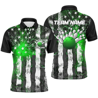 Custom Bowling Polo Shirts, Green Thunder Lightning American Flag Custom Unisex Bowling Team Shirts, Patriotic Bowlers Outfit