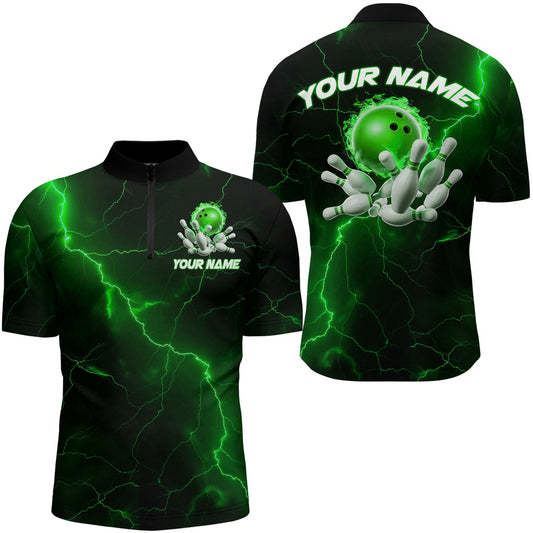 Custom Bowling Polo Shirts, Green Thunder Lightning Flame Bowling Ball Custom Bowling Team Shirts For Men And Women Bowlers