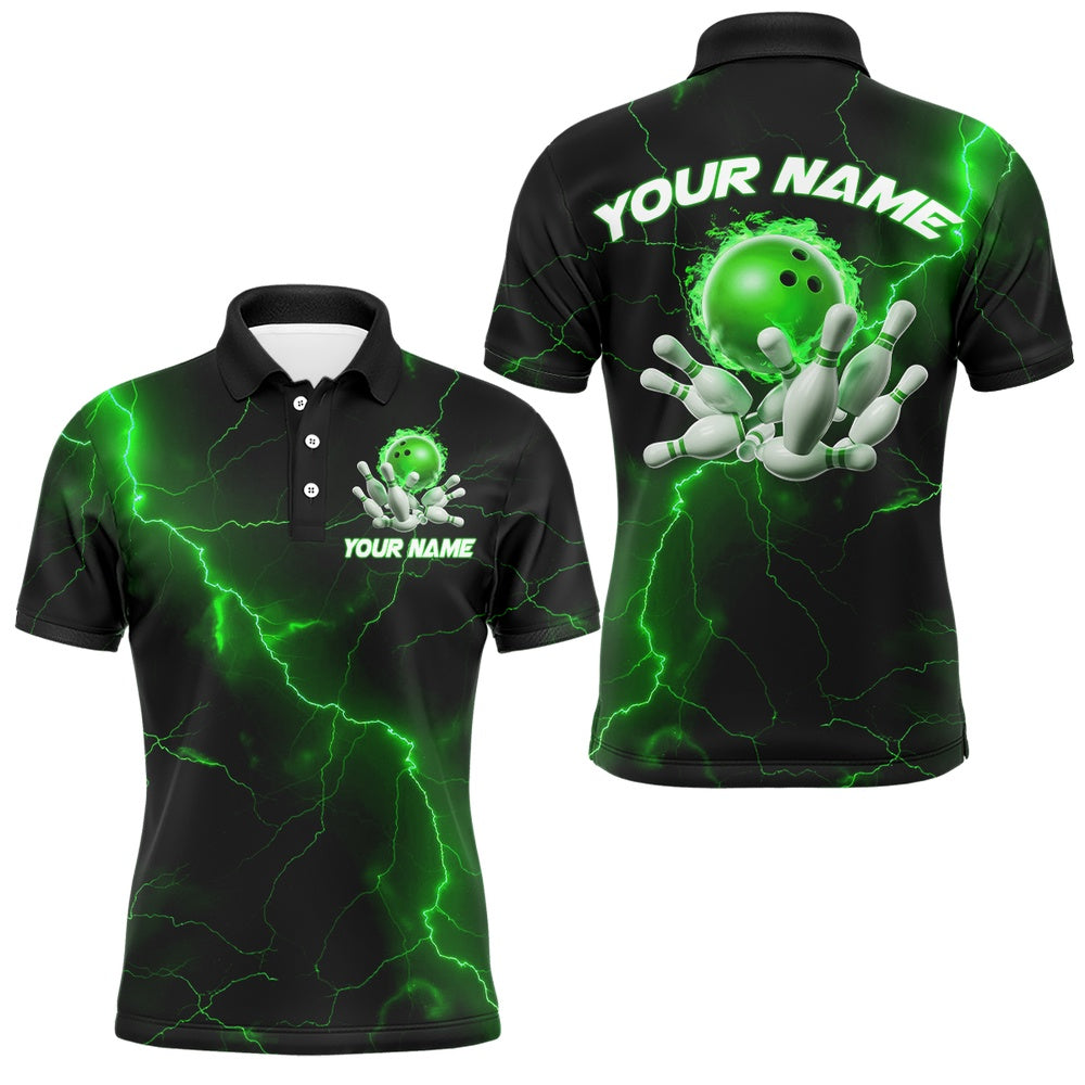Custom Bowling Polo Shirts, Green Thunder Lightning Flame Bowling Ball Custom Bowling Team Shirts For Men And Women Bowlers